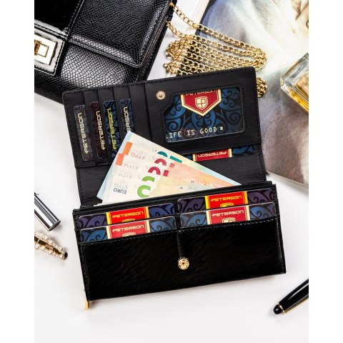 Duży, skórzany portfel damski w czarnym kolorze zamykany na zatrzask - Peterson