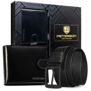 Zestaw prezentowy: poziomy portfel męski w czarnym kolorze i pasek ze skóry naturalnej z klasyczną klamrą - Peterson