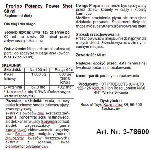 Afrodyzjak dla mężczyzn Hot Prorino Potency Power Shot 60 ml