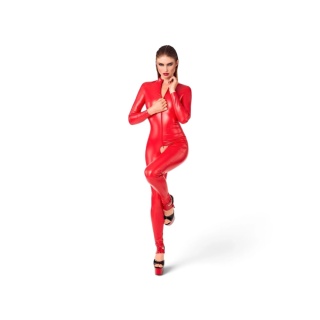 Bezkroczowy kombinezon erotyczny Noir czerwony M – zmysłowy jumpsuit powerwetlook