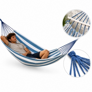Hamak ogrodowy 1-osobowy XL 180x150 cm biało-niebieski ze stelażem drewnianym KR48