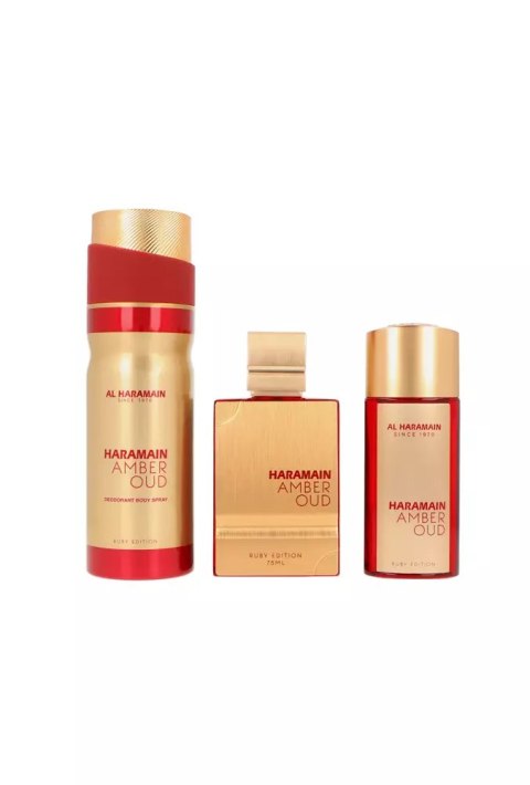 Zestaw Al Haramain Amber Oud Ruby Edition Pure Perfume 75 ml + Pure Perfume 30ml + Deodorant Body Spray 200ml