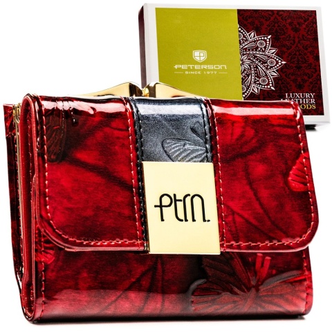 Mały, skórzany portfel damski w czerwonym kolorze zamykany na zatrzask i bigiel - Peterson