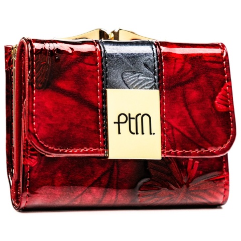 Mały, skórzany portfel damski w czerwonym kolorze zamykany na zatrzask i bigiel - Peterson