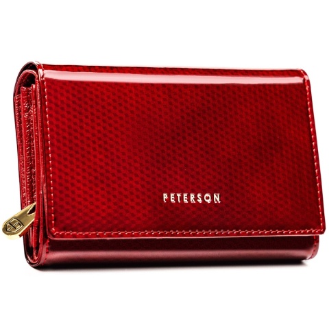 Skórzany, lakierowany portfel damski w czerwonym kolorze, wyposażony w kieszeń zewnętrzną - Peterson
