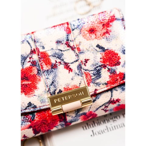 Wielokolorowy portfel damski wykonany ze skóry ekologicznej, ozdobiony kwiatowym wzorem - Peterson