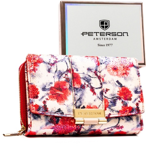 Wielokolorowy portfel damski wykonany ze skóry ekologicznej, ozdobiony kwiatowym wzorem - Peterson