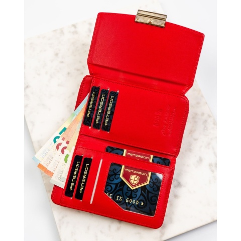 Wielokolorowy portfel damski wykonany ze skóry ekologicznej, ozdobiony kwiatowym wzorem - Peterson