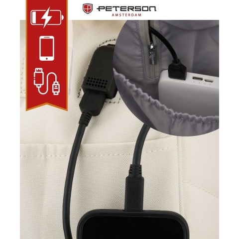 Plecak damski z poliestru w kolorze ecru z miejscem na laptopa i portem USB - Peterson