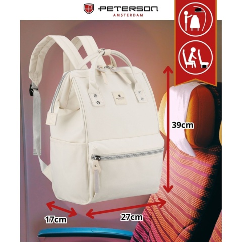 Plecak damski z poliestru w kolorze ecru z miejscem na laptopa i portem USB - Peterson