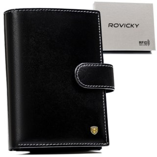 Skórzany, czarny portfel męski z zapięciem i systemem RFID - Rovicky