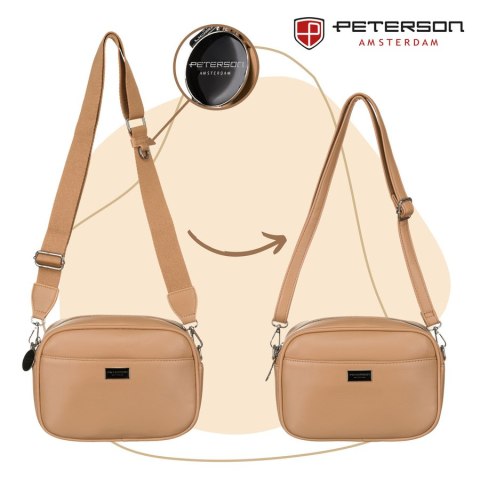 Miejska, beżowa listonoszka damska ze skóry ekologicznej w komplecie dwa paski na ramię crossbody Peterson