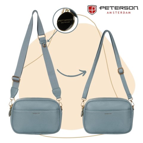 Niebieska listonoszka damska crossbody z wąskim i szerokim paskiem na ramię eko skóra Peterson