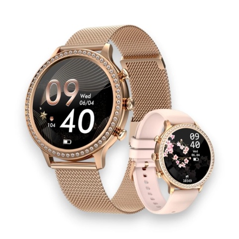 Smartwatch Damski VELTORI VT310-1 Złota Bransoleta + Różowy Pasek Silikonowy