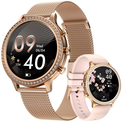 Smartwatch Damski VELTORI VT310-1 Złota Bransoleta + Różowy Pasek Silikonowy