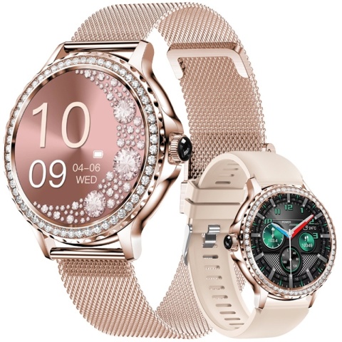 Smartwatch Damski VELTORI VT320-1 Złota Bransoleta + Różowy Pasek Silikonowy